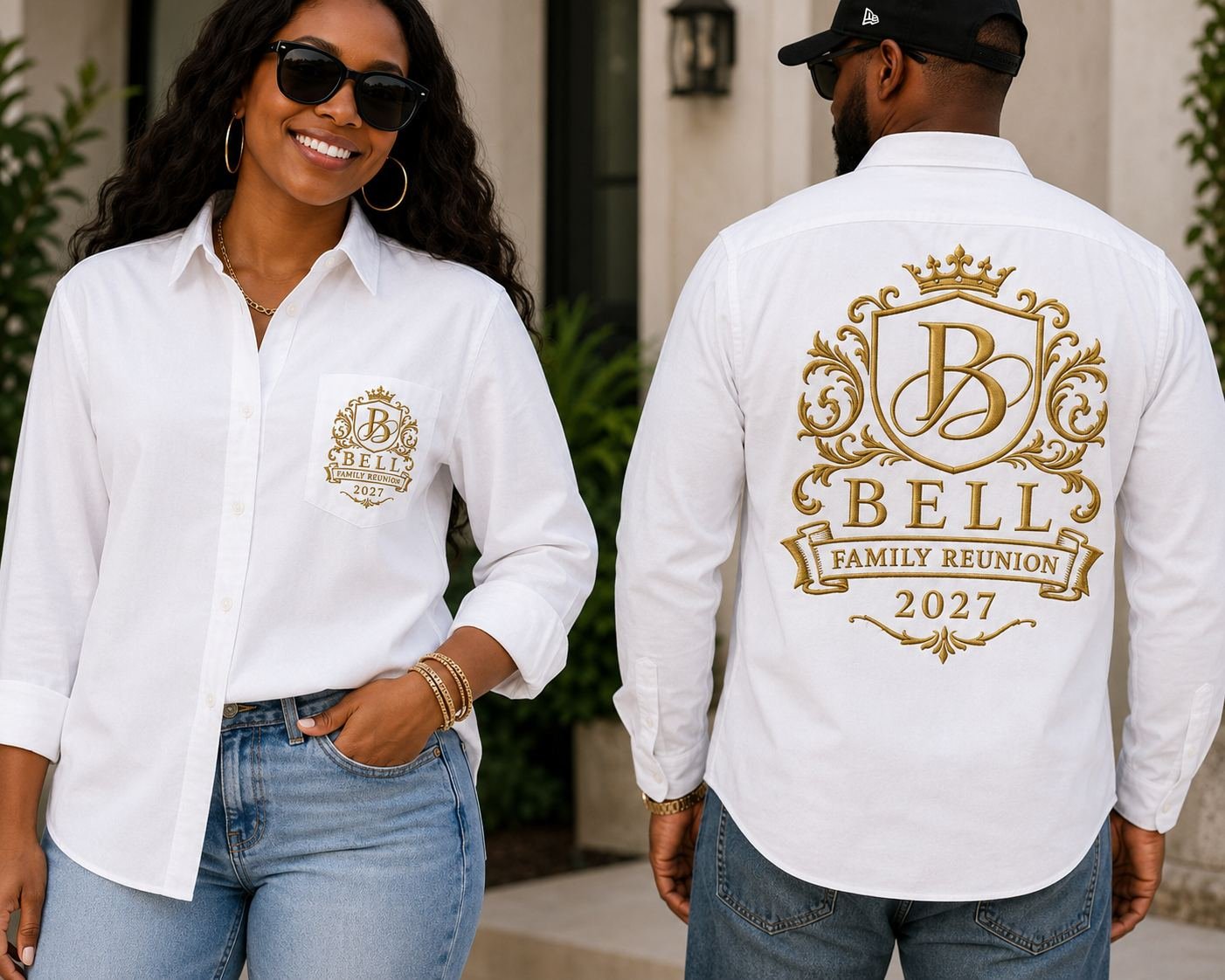 The add-on embroidered button-up shirt — Bell Family Reunion 2027 crest